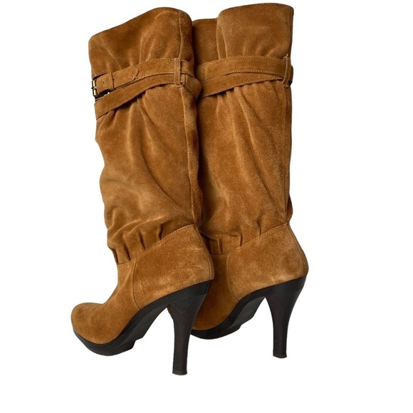 Michael Kors Cognac Suede Slouch buckle pull on knee high Boot heels size 8.5 M - Picture 3 of 10